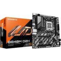 GIGABYTE B840M D2H motherboard with black PCB, silver heatsinks, orange accents, and multiple expansion slots.