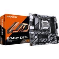GIGABYTE B840M DS3H motherboard with black PCB, silver heatsinks, and orange-accented packaging.