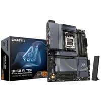 GIGABYTE B850 AI TOP motherboard, black with silver accents, featuring multiple PCIe slots and advanced cooling design.