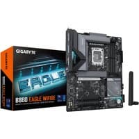 GIGABYTE B860 EAGLE WIFI6E motherboard with black PCB, silver heatsinks, and box packaging, includes antenna.
