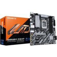 Gigabyte B860M D3HP motherboard with black PCB, silver heatsinks, and orange-accented packaging.