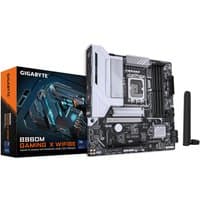 GIGABYTE B860M GAMING X WIFI6E motherboard with black PCB, silver heatsinks, and antenna, next to product box.
