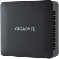 Black Gigabyte BRIX mini PC with rounded edges, vented sides, and silver logo on top.