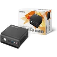 Black Gigabyte BRIX mini PC with ports on front, next to branded box with geometric design.