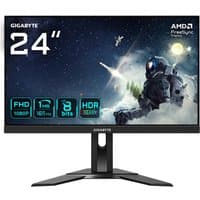 24" Gigabyte gaming monitor with slim bezels, 165Hz refresh rate, HDR, and futuristic space-themed screen display.