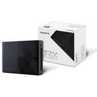 Black Gigabyte mini PC with geometric pattern, vented sides, next to white box with product branding.