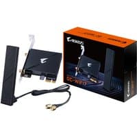 GIGABYTE GC-WIFI7 network card with black antenna, PCIe card, and orange-accented box displaying product image.