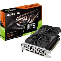 GIGABYTE GeForce RTX 3050 graphics card with dual fans, black casing, and orange-accented packaging.
