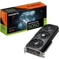 Black Gigabyte RTX 5050 graphics card with triple fans, 2 DP, 2 HDMI ports, and green-accented packaging.