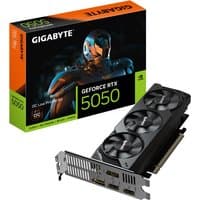 GIGABYTE GeForce RTX 5050 OC graphics card, black with dual fans, 2 DP and 2 HDMI ports, compact low-profile design.