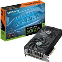 Black Gigabyte RTX 5060 Ti graphics card with dual fans, 3 DisplayPorts, 1 HDMI, and EAGLE branding on the side.
