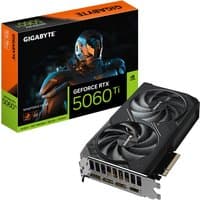 GIGABYTE RTX 5060 Ti graphics card, black with dual fans, 3 DisplayPorts, 1 HDMI, PCI-E 5.0, in branded box.