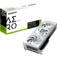 GIGABYTE GeForce RTX 5070 AERO OC 12G graphics card, silver with three cooling fans, next to branded box.