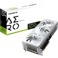 White Gigabyte RTX 5070 Ti AERO OC graphics card with triple fan design and sleek silver accents, box in background.