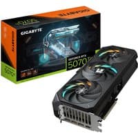 Black Gigabyte RTX 5070 Ti graphics card with triple fans, 16GB GDDR7, and PCI-E 5.0, next to branded box.
