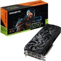 GIGABYTE RTX 5070 Ti graphics card, black with triple fans, PCI-E 5.0, 3 DP, 1 HDMI ports, orange box packaging.