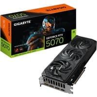 Black GIGABYTE RTX 5070 graphics card with triple fans, 12GB GDDR7, PCI-E 5.0, and orange-accented packaging.
