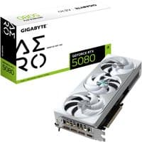 GIGABYTE RTX 5080 AERO OC graphics card, silver with triple fans, 3 DisplayPorts, 1 HDMI, PCI-E 5.0 connector.