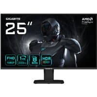 Black Gigabyte 25" gaming monitor with thin bezel, FHD display, 200Hz, 1ms response, and futuristic graphics on screen.