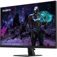 GIGABYTE GS32Q 31.5" QHD gaming monitor, slim black bezel, vivid display with sci-fi graphics, sturdy stand.