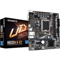 Gigabyte H610M H V2 motherboard with black PCB, silver heatsinks, PCIe slots, and box packaging.