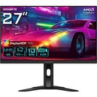 GIGABYTE M27UA 27" UHD monitor, slim bezel, black stand, vibrant display with futuristic car graphic, HDR, FreeSync.