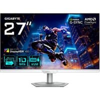 GIGABYTE M27UP ICE 27” 4K UHD monitor, slim bezel, vibrant display, futuristic graphics, silver stand.