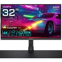 31.5" Gigabyte 4K UHD gaming monitor, 144Hz, with vibrant display, slim bezels, and adjustable arm mount.