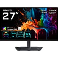 27” Gigabyte OLED QHD gaming monitor with slim bezels, black stand, and vibrant display graphics.