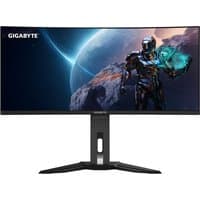 Curved 34" Gigabyte gaming monitor with slim bezels, wide screen, and sturdy black stand displaying a space-themed image.