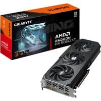 GIGABYTE Radeon RX 9060 XT graphics card, black with three cooling fans, PCI-E 5.0, 8GB GDDR6, red and black box.