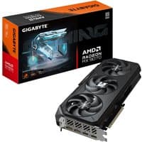 Black Gigabyte Radeon RX 9070 graphics card with triple fans, 16GB GDDR6, PCI-E 5.0, two HDMI, two DisplayPort.
