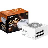 White Gigabyte UD750GM power supply unit, fully modular with black ports, 120mm fan, next to orange box.