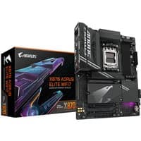 GIGABYTE X870 AORUS ELITE WIFI7 motherboard with black heatsinks, silver CPU socket, and PCIe slots, next to box.