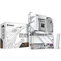 GIGABYTE X870 AORUS ELITE X3D ICE motherboard, silver design, multiple PCIe slots, Wi-Fi 7 antenna, boxed packaging.