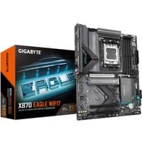 GIGABYTE X870 EAGLE WIFI7 motherboard, black with silver accents, large heatsinks, PCIe slots, and Wi-Fi 7 antenna.