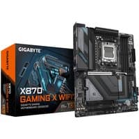 GIGABYTE X870 GAMING X WIFI7 motherboard with black PCB, silver heatsinks, and orange accents, next to branded box.