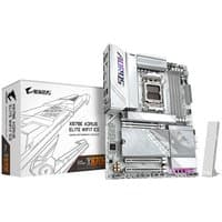 GIGABYTE X870E AORUS ELITE ICE Motherboard, silver, black accents, PCIe slots, Wi-Fi 7 antenna, Ryzen support.