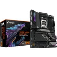 GIGABYTE X870E AORUS ELITE WIFI7 motherboard, black with RGB accents, multiple PCIe slots, and Wi-Fi 7 support.