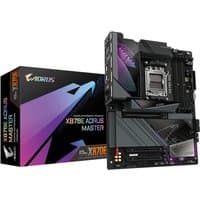 GIGABYTE X870E AORUS MASTER motherboard with black heatsinks, RGB lighting, and multiple PCIe slots.