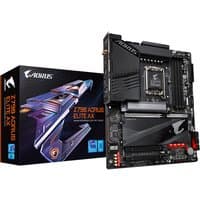 GIGABYTE Z790 AORUS ELITE AX motherboard, black with metallic accents, featuring multiple slots and ports, next to box.