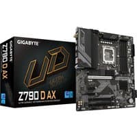 Black GIGABYTE Z790 D AX motherboard with heatsinks, PCIe slots, and Wi-Fi 6E, next to branded box.