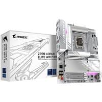 GIGABYTE Z890 AORUS ELITE ICE motherboard, silver with heatsinks, PCIe slots, and Wi-Fi 7, next to branded box.