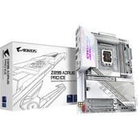 GIGABYTE Z890 AORUS PRO ICE motherboard, silver with heatsinks, PCIe slots, and CPU socket, next to branded box.