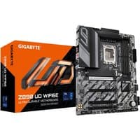 Black and gray GIGABYTE Z890 UD WIFI6E motherboard with heatsinks, PCIe slots, and Wi-Fi 6E antenna ports.