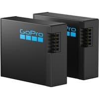 Black GoPro Enduro rechargeable batteries, 2-pack for HERO13, with blue logo and visible connector ports.