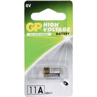 GP 11A 6V alkaline battery in clear plastic packaging with green and white label, featuring "High Voltage" text.