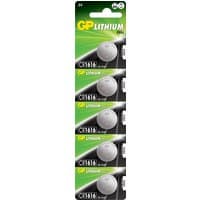 Pack of five GP CR1616 3V lithium batteries on a green and black blister card.