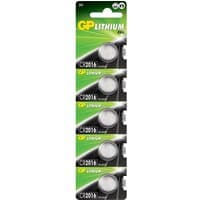 Pack of five GP CR2016 3V lithium batteries, silver discs on green and black card with branding.