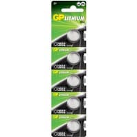 Pack of five GP CR2032 3V lithium batteries on black and green card, each battery in a clear blister.